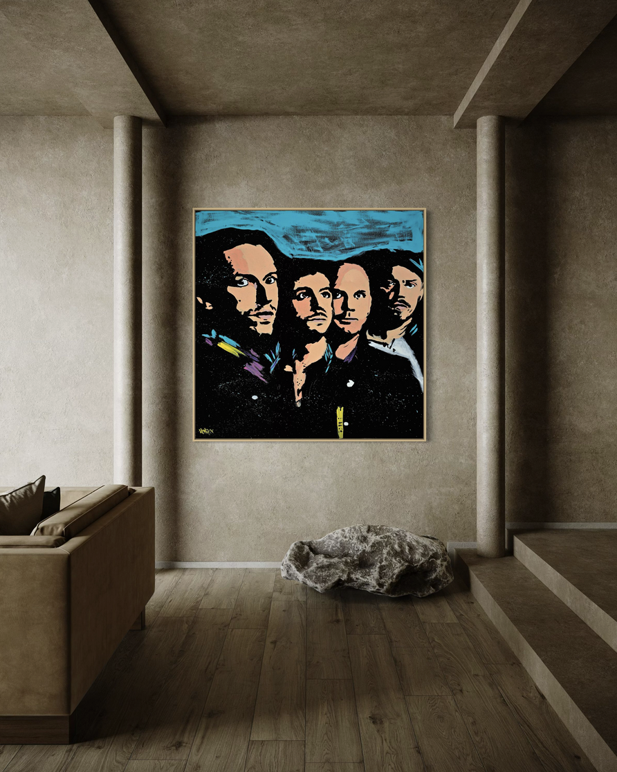 Henrix original artwork featuring Coldplay band members, painted in tones of blue, black, and peach.